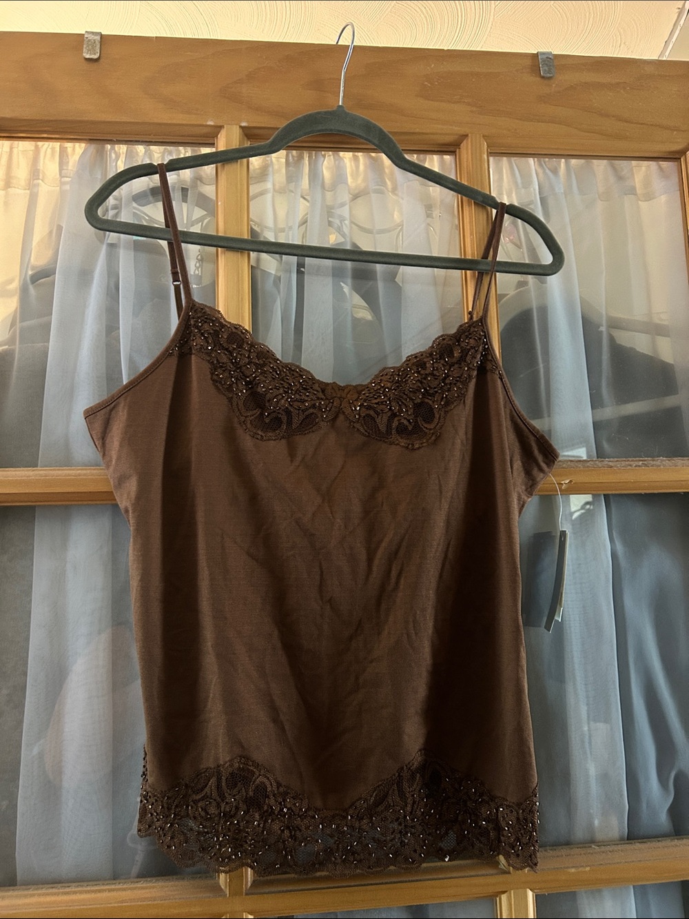 Fresh Twist Embellished Pine Cone Brown Beaded Camisole